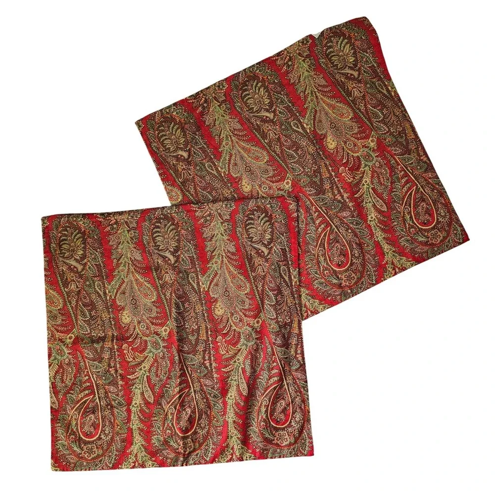 Pottery Barn Red Paisley Cotton Linen 24x24 Pillow Covers Set of 2